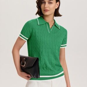 Preppy Green Cable Knit V-Neck Sweater - Size Medium